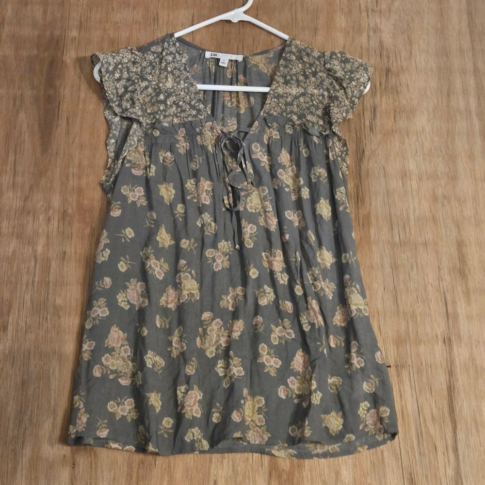 Boho Floral Flutter Sleeve Tie Neck Blouse Olive Green Boho Top Small DR23402RYL